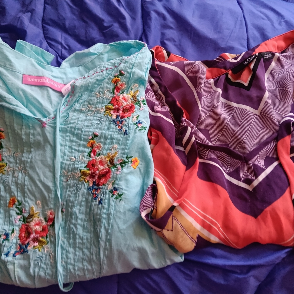 Woman Within Light Blue  100 % Cotton Embroidered Top Large